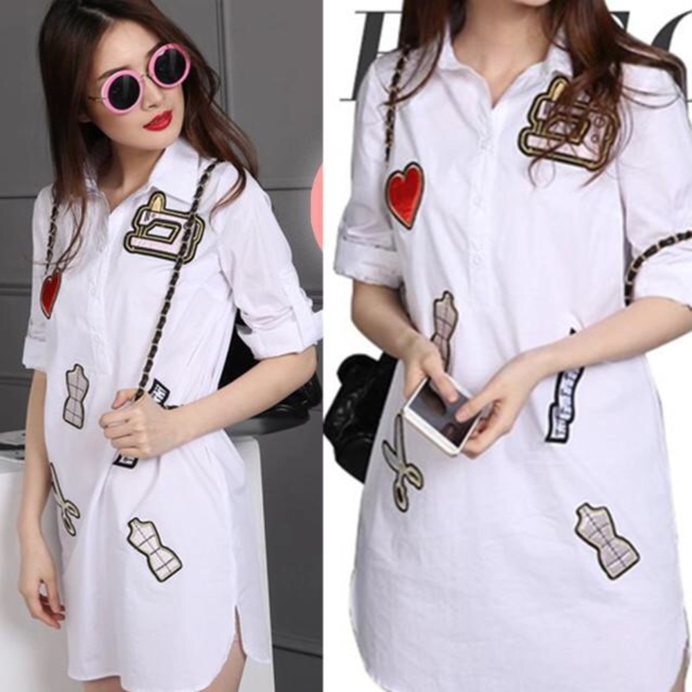 White Patch Work Shirt Dress 🍒